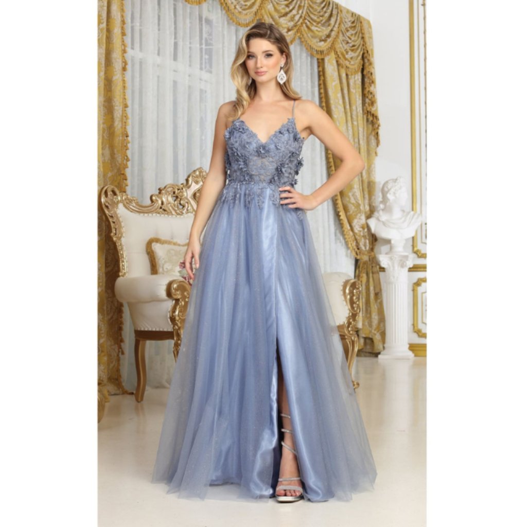Dusty Blue Evening Long V-Neck Sleeveless A-Line Dress By May Queen Mq2011